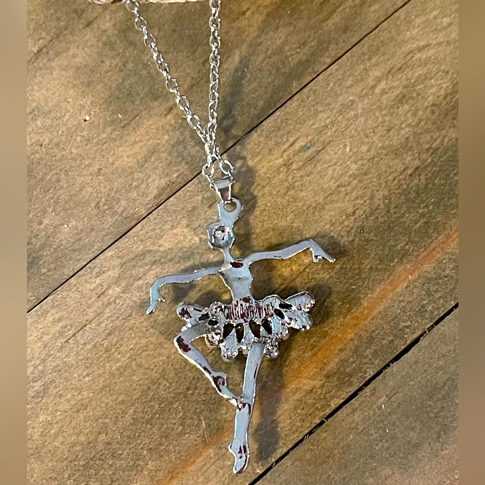 Ballet Dancer, Dancing Emerald Color Gemstones Necklace Silver Plated Ballerina - Picture 10 of 12